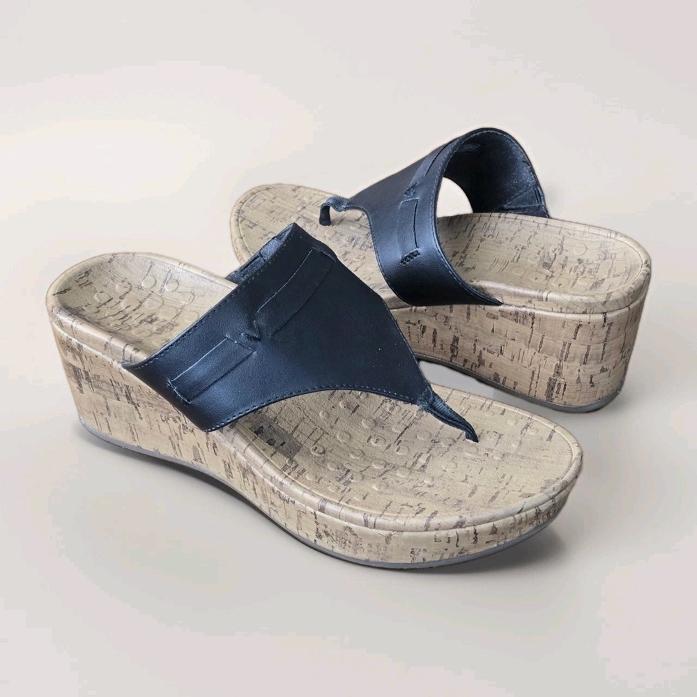 Vionic Cameron Wedge Cork Sandals Black Thong Slide Orthotic Comfort Chic Sz 6